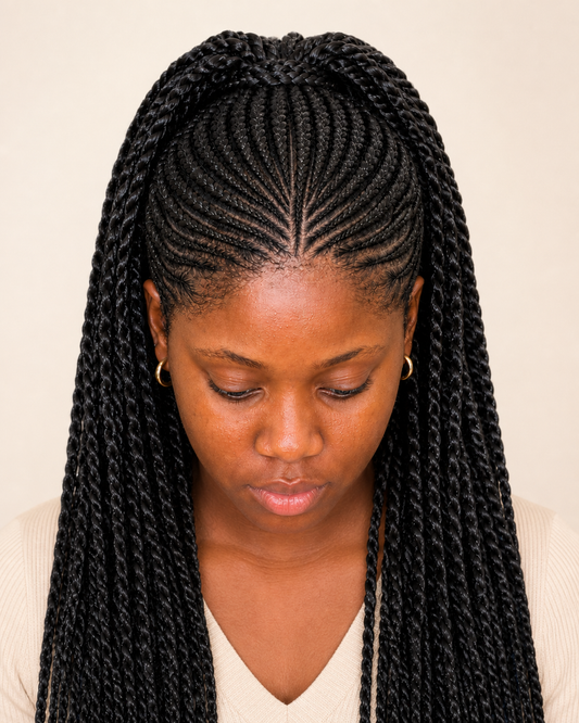 Woman wearing black banana fibre hair extensions