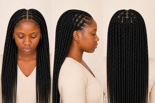 Front, side and back views of black banana fibre braids